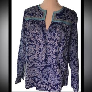 JCrew V Neck Long Sleeve Blue White Floral Design Tunic Embroidery Detail Size S